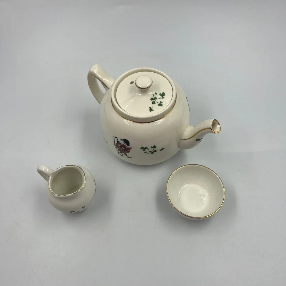 Vintage Carrigaline Ireland Fox Hunt Tea Set Teapot Creamer Sugar Shamrocks Gold